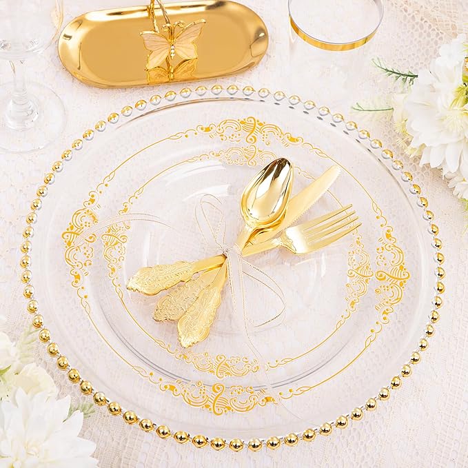 Hioasis 350pcs Clear and Gold Plastic Plates - Elegant Disposable Dinnerware Set Suitable for 50 Guests Include 10.25" Dinner & 7.5" Dessert Plates, Pre Rolled Silverware Set, Cups for Party & Wedding