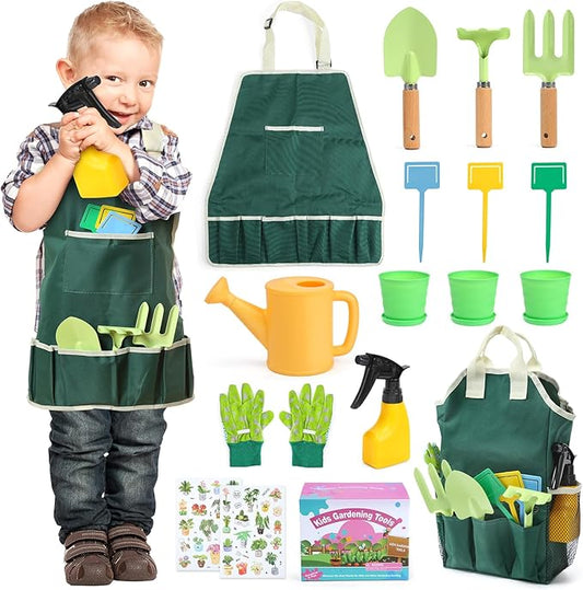 CUTE STONE Kids Gardening Tool Set, 20PCS Gardening Toys Includes Metal Rake,Fork,Trowel,Apron,Gloves,Watering Can,Tote Bag and Strickers, Garden Tool Kit for Kids, Outdoor Toys Gift for Boys Girls