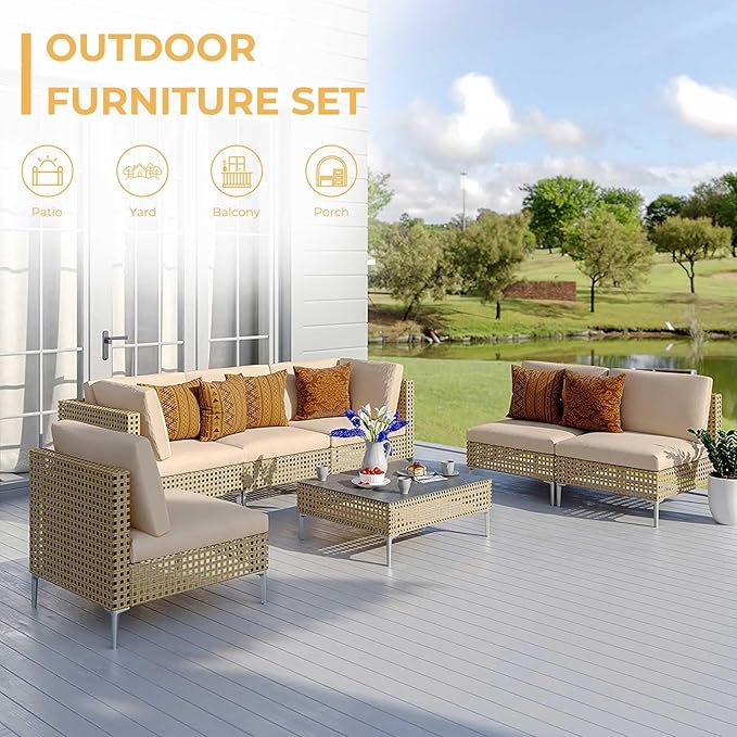 Grand patio 7-Piece Wicker Patio Furniture Set, Boho Outdoor Conversation Set Sectional Sofa with Water Resistant Thick Cushions and Coffee Table, Cream