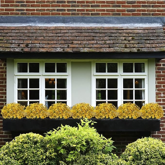 15 Bundles Artificial Flowers UV Resistant Outdoor Plants No Fade Faux Plastic Shrubs Fake Silk Flowers Window Box Garden Porch Home Decoration (Yellow)