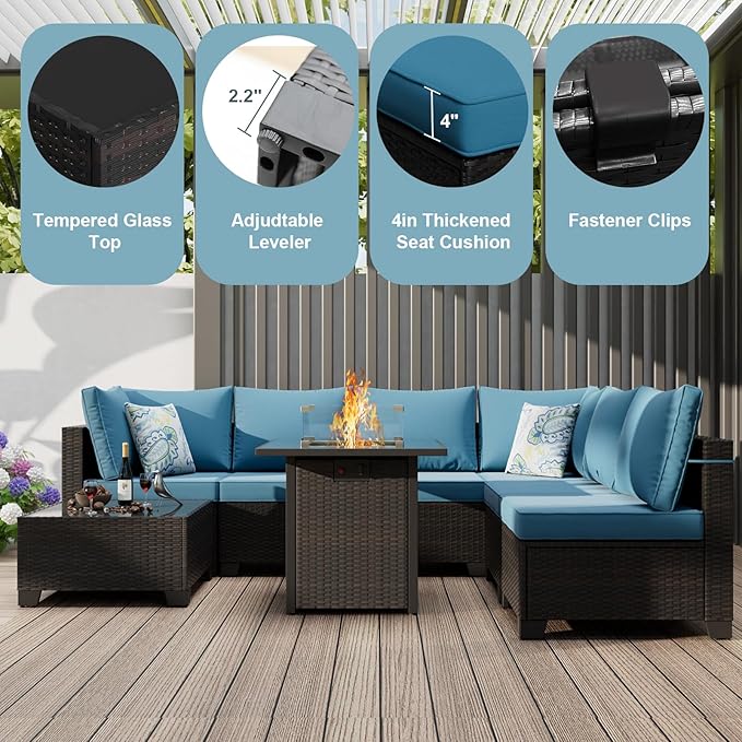 Patio Furniture Set with Fire Pit Table, 8-Piece Outdoor Furniture Set with Thick Cushions, Wicker Sectional Sofa for Porch Garden Backyard, Brown/Peacock Blue