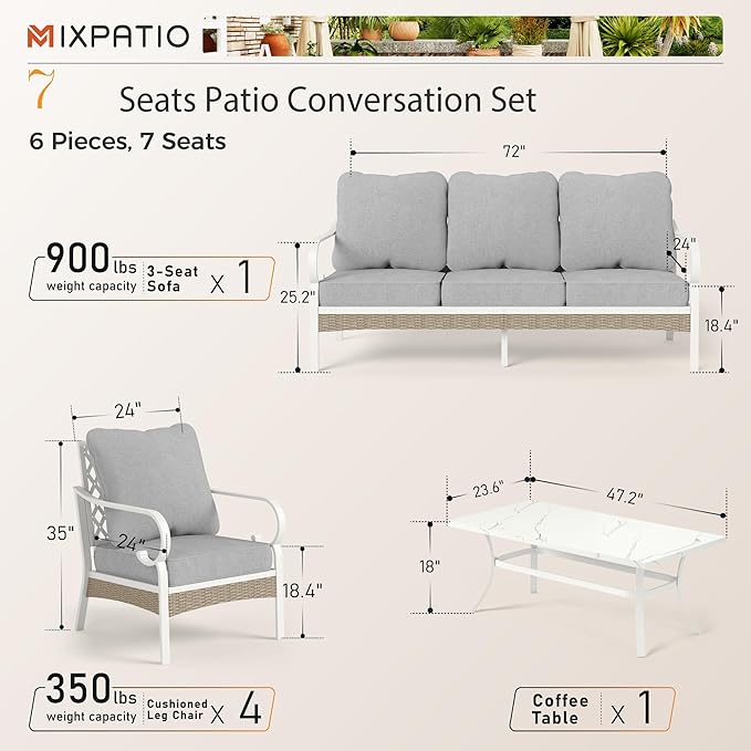 4 Piece Patio Furniture Set, 2 x Fixed Chair, 1 x 3-Seat Sofa with Marbling Coffee Table, 5 Seats Outdoor Conversation Set for Lawn Garden Backyard, Light Gray