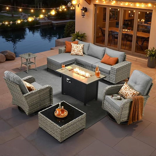 HOOOWOOO Outdoor Sectional Furniture Set with Fire Pit Table,9 Pieces Wicker Patio Conversation Sets,L Shape All Weather Outside Couch Sofa Set with Swivel Rockers Ottoman,Charcoal Grey