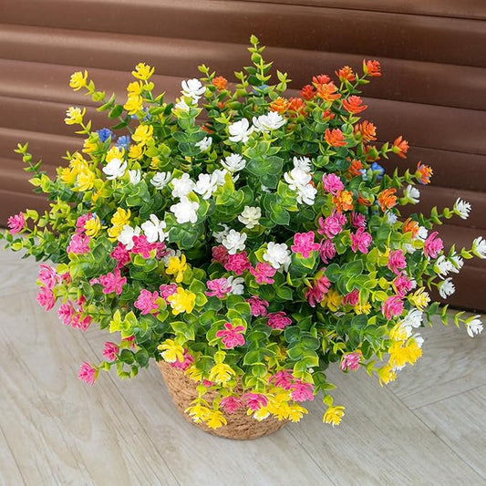 Artificial Flowers Outdoors, 12 Bundles Fake Flowers UV-Anti for Decoration Faux Plastic Plants Garden Porch Window Box Décor, WhitePinkYellowOrangeBlueGreen