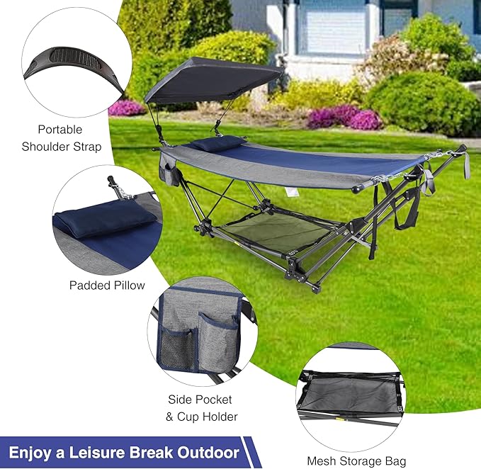 RedSwing Portable Folding Hammock with Stand,Fold Up Hammock with Removable Canopy,Pillow and Storage Net,Foldable Camping Hammock for Adults for Outdoor,Backyard,Beach,Garden,Lawn