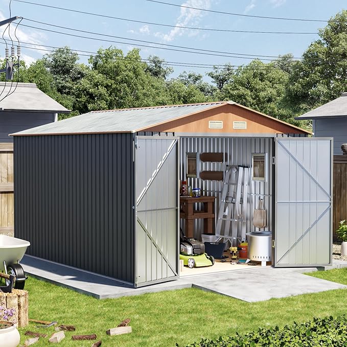 10x12x7.4FT Multi-Used Shed & Outdoor Storage Shed with Base, Lockable Doors, Windows and Vents, Extra Large Metal Shed for Garden,Backyard, Patio,Utility, Various Storage Shed(Matte Gray)