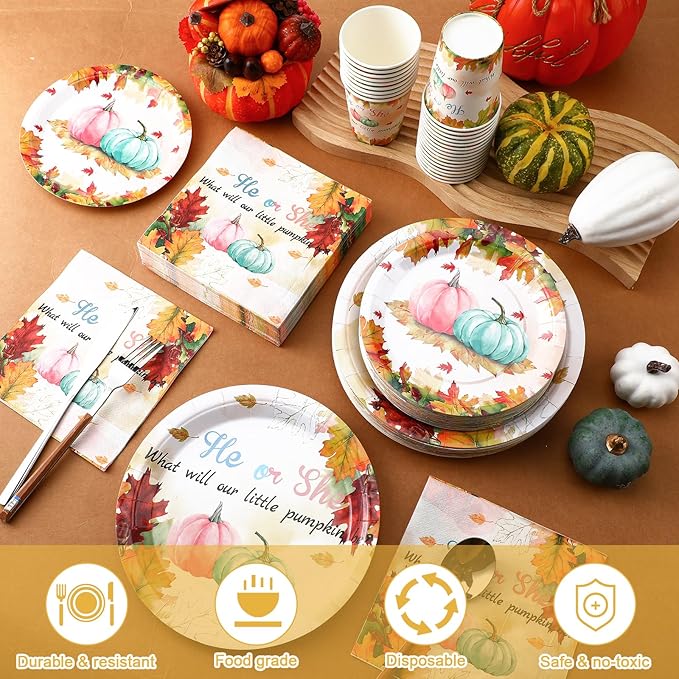 Hsei 250 Pcs Gender Reveal Pumpkin Plates and Napkins Party decorations Disposable Tableware Sets Baby Shower Birthday Party Supplies Serves 50 Guests Dinnerware Baby Bridal Shower Party Favors