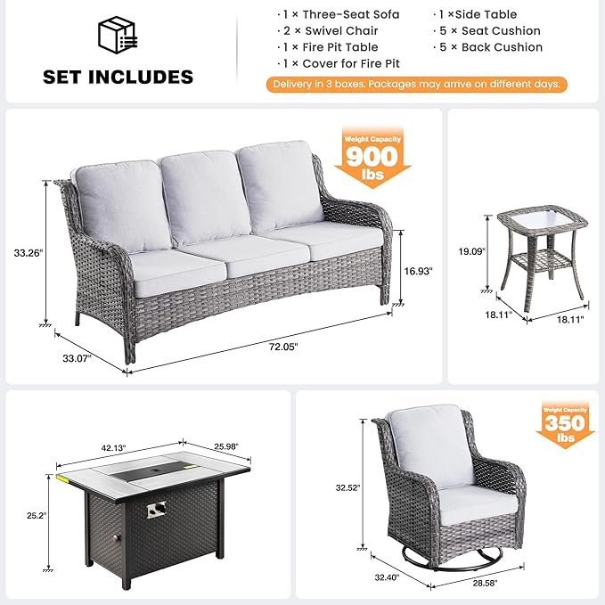 ovios 5 Pieces Patio Furniture Set, Outdoor Wicker Sofa Couch with Swivel Chairs 42" Fire Pit Table, All Weather High Back Modern Conversation Sets, Grey Rattan, Grey