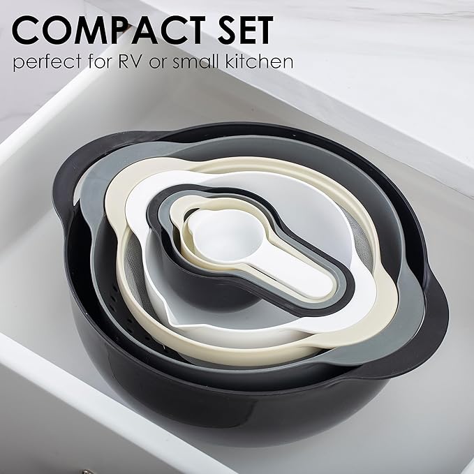 COOK WITH COLOR Nesting Bowls with Measuring Cups Colander and Sifter Set - Includes Mixing Bowls, Colander, Sifter and Measuring Cups, Black, 8 Pc Bowl