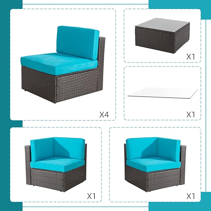 Shintenchi 7 Pieces Patio Furniture Sets Outdoor All-Weather Sectional Patio Sofa Set PE Rattan Manual Weaving Wicker Patio Conversation Set with Glass Table&Ottoman Cushion and Red Pillows, Blue