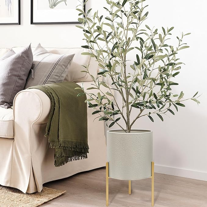 ARNIS Modern Planter Pots, Large Planters with Stand, Set of 2 Metal Planters for Plants with Drainage Holes for Living Room, Office, Garden or Balcony, 8.25 &10.5 Inch, Grey