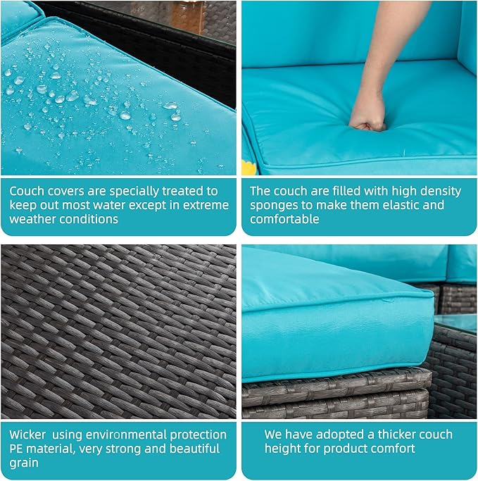 Shintenchi 7 Pieces Patio Furniture Sets Outdoor All-Weather Sectional Patio Sofa Set PE Rattan Manual Weaving Wicker Patio Conversation Set with Glass Table&Ottoman Cushion and Red Pillows, Blue