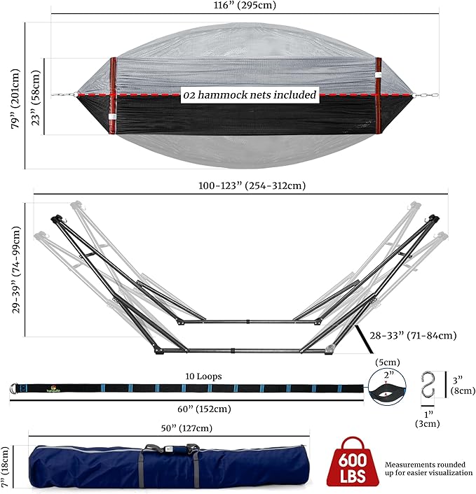 Tranquillo Combo x2 Hammocks with Stand for Outside & Tree Straps, Heavy Duty Hammock with Stand 600lbs for Indoor Outdoor Patio Backyard, x2 Hammocks for 2 Person, Portable Carrying Bags, Gray