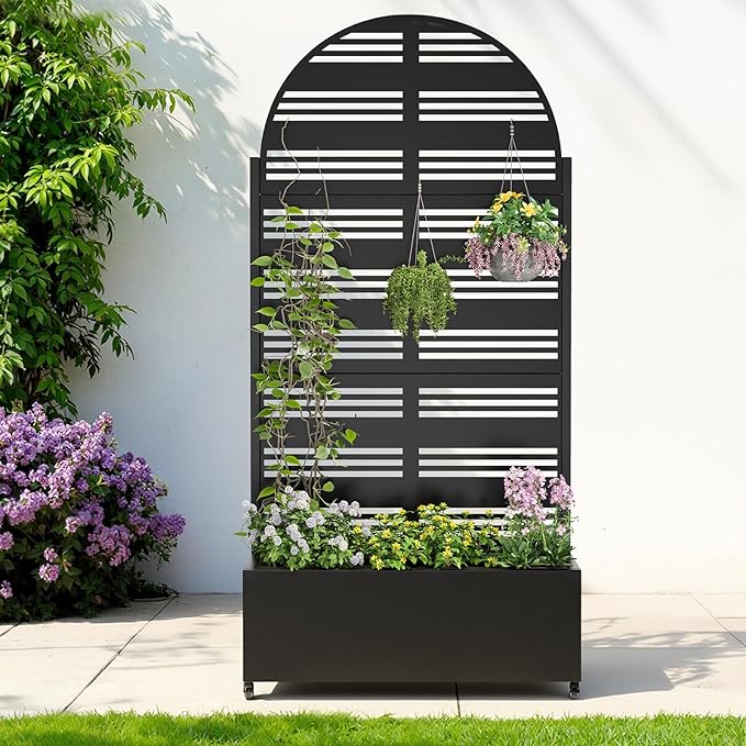 Metal Raised Garden Bed with Trellis & Wheels,70" x 35"x 15.7" Planter Box with Trellis,Privacy Planters for Patio,Garden Bed for Climbing Plants,Suitable for Climbing Plants and Vegetables,Black