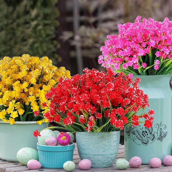Artificial Flowers Outdoor UV Resistant Fake Plants Indoor Outside Hanging Planter Home Garden Decor, 16 Bundles (Red-Daffodil)