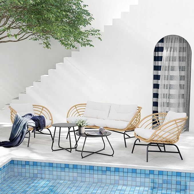 Grand patio 5-Piece Boho Outdoor Furniture Set, Wicker Sofa Set with Beige Thick Cushions and 2 Coffee Tables, Conversation Set for Backyard,Balcony,Poolside