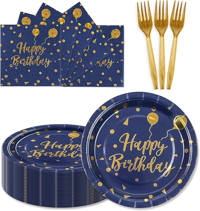 150PCS Happy Birthday Paper Plates and Napkins - 7 Inch Deep Blue Gold Dot Paper Plates and 6.5 Inch Napkins with 6.3 Inch Gold Forks Disposable Tableware Set for Birthday Party Decorations, Serves 50