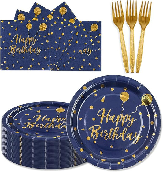 150PCS Happy Birthday Paper Plates and Napkins - 7 Inch Deep Blue Gold Dot Paper Plates and 6.5 Inch Napkins with 6.3 Inch Gold Forks Disposable Tableware Set for Birthday Party Decorations, Serves 50