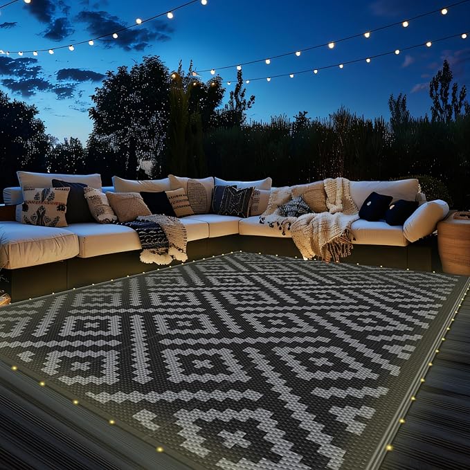 GENIMO Outdoor Rug with LED Strip Lights, 6'x9' Waterproof Camping Mat, Reversible Plastic Straw Rugs for Patio, RV, Camper, Balcony, Backyard, Picnic, Deck, Black & Gray