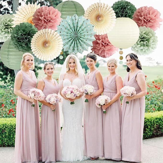 Sage Green and Dusty Pink Party Decorations Green & Pink Party Decor Sage Tissue Pom Poms Paper Lanterns Beige Paper Fans for Women Girls Birthday Wedding Bridal Shower Baby Shower Party Decor