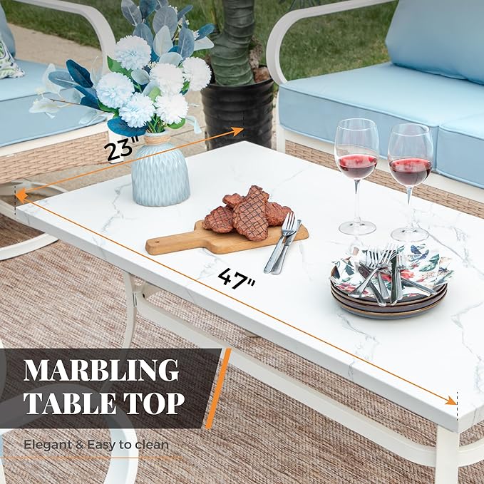 6 Piece Patio Furniture Set, 2 x Fixed Chair, 2 x Rocking Chair, 1 x 3-Seat Sofa with Marbling Coffee Table, All Cushioned 7 Seats Outdoor Conversation Set for Lawn Garden Backyard, Blue
