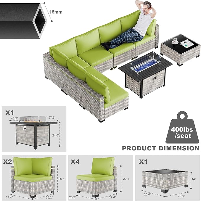 8-Piece Patio Furniture Set, Outdoor Patio Furniture with 55,000 BTU Fire Pit Table, Thick Cushions, Modular Patio Sofa, Dual-Strand Wicker Rattan, Rust-Resistant Frame, Grass Green