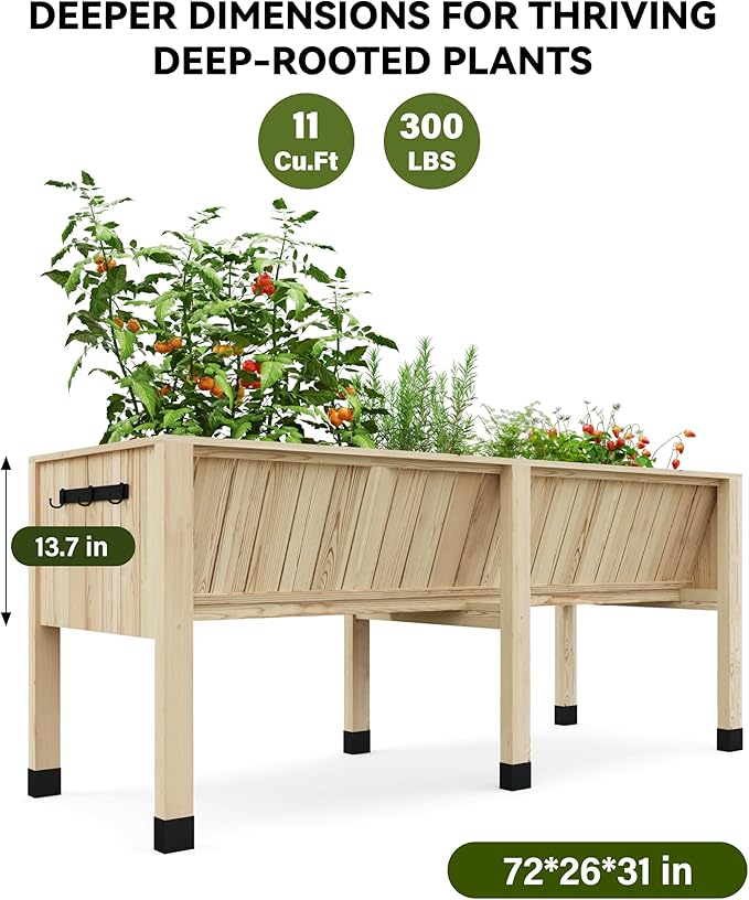 Raised Garden Bed 6 x 2 x 2.5FT, Raised Garden Beds Outdoor with 6 Legs, Detachable Liner, Wooden Raised Planter Box for Backyard, Patio, Balcony