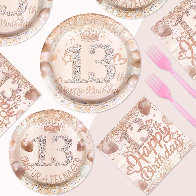 96 Pcs Rose Gold 13th Birthday Party Supplies 13th Birthday Plates and Napkins Tableware Sets Happy 13th Birthday Decorations Favors for Girls 13 Year Old Birthday Official Teenager Party Serves 24