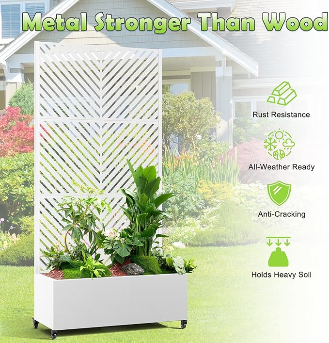 15.7"×70.9"×35.4" Metal Raised Garden Bed with Trellis and Wheels - Tall Trellis Planter Box for Climbing Plants, Vegetables & Vines - Outdoor Privacy Planters for Patio (White-Parallel)