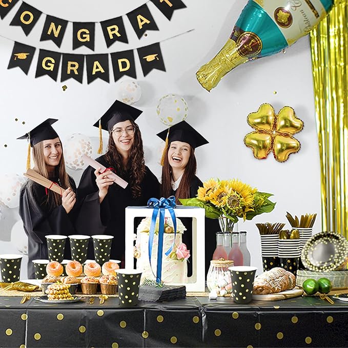 AIRE 350PCS Black Gold Paper Plates Party Supplies Dinnerware Sets for 50 Guests, Disposable Paper Party Plates, Dessert Plates, Cups, Napkins, Plastic Spoons, Forks, Knives for Wedding Birthday