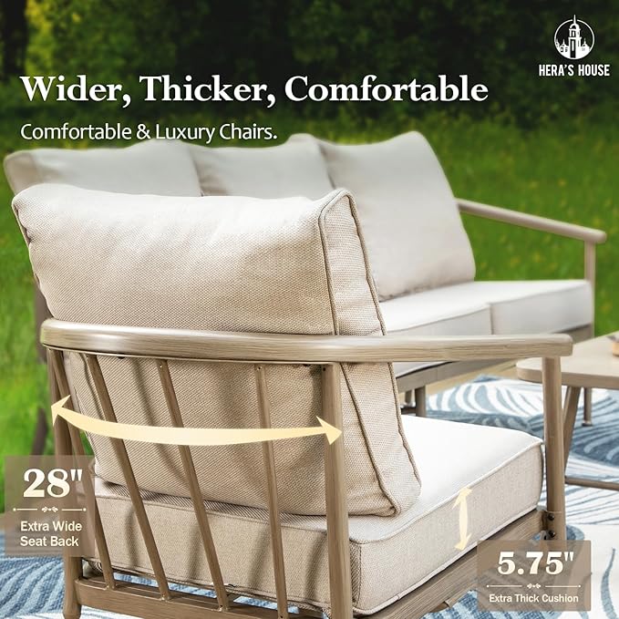 HERA'S HOUSE Patio Furniture Set, 2 x Cushioned Leg Chair, 3-Seat Sofa with Wood Grain Coffee Table, 5 Seats Luxury Windsor Style All Weahter Outdoor Sofa Conversation Set for Deck Lawn Backyard
