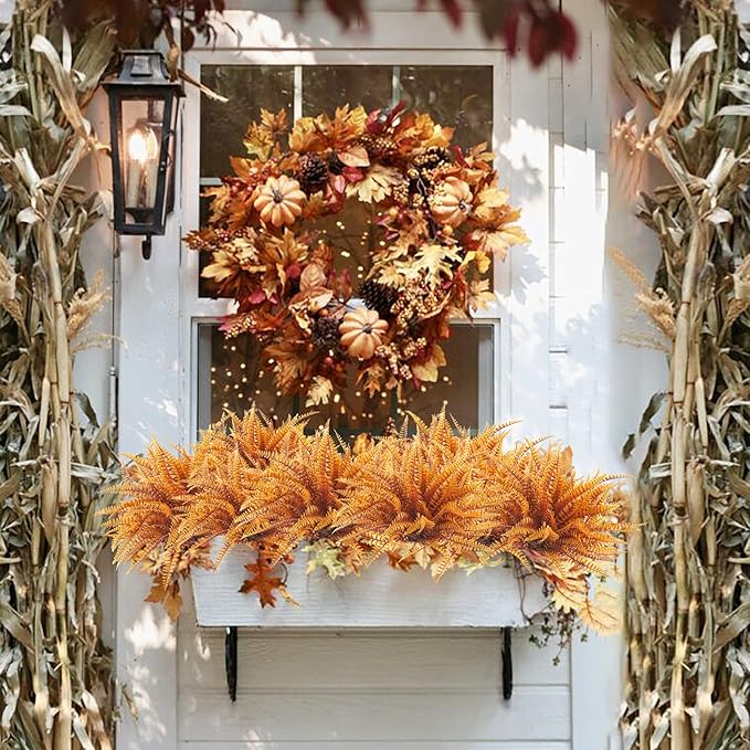 Uieke 12PCS Artificial Ferns for Outdoors, Fake Fall Boston Fern Plants UV Resistant No Fade Faux Plastic Greenery Bushes for Indoor Outside Window Box Fall Décor Autumn Orange