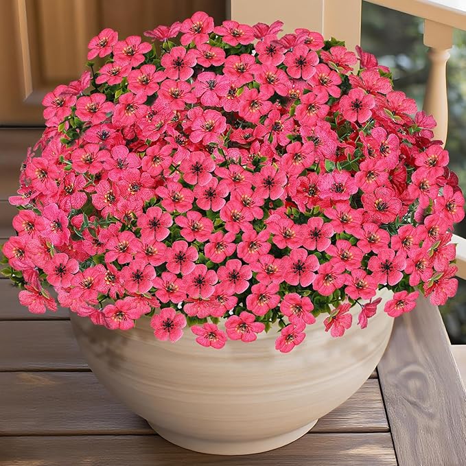 14 Bundles Artificial Flowers UV Resistant for Patio Outdoors Fake Faux Silk Plants Realistic Plastic Flowers Indoors Porch Window Home Decoration (14, Fuchsia)