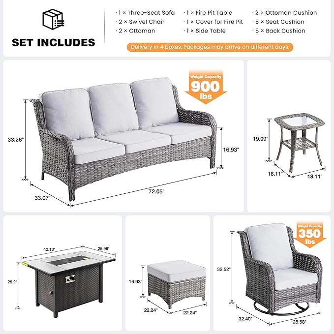 ovios 7 Pieces Patio Furniture Set, Outdoor Wicker Sofa Couch with Swivel Chairs 42" Fire Pit Table, All Weather High Back Modern Conversation Sets, Grey Rattan, Grey