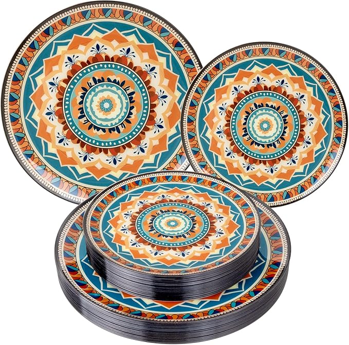 60PCS Bohemian Plastic Plates - Boho Plate Disposable - Vintage Bohemian Style Plate Include 30 Dinner and 30 Dessert Plates for Kitchen Party Decorative