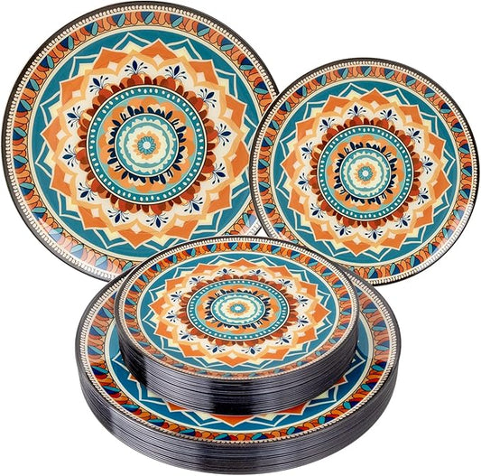 60PCS Bohemian Plastic Plates - Boho Plate Disposable - Vintage Bohemian Style Plate Include 30 Dinner and 30 Dessert Plates for Kitchen Party Decorative