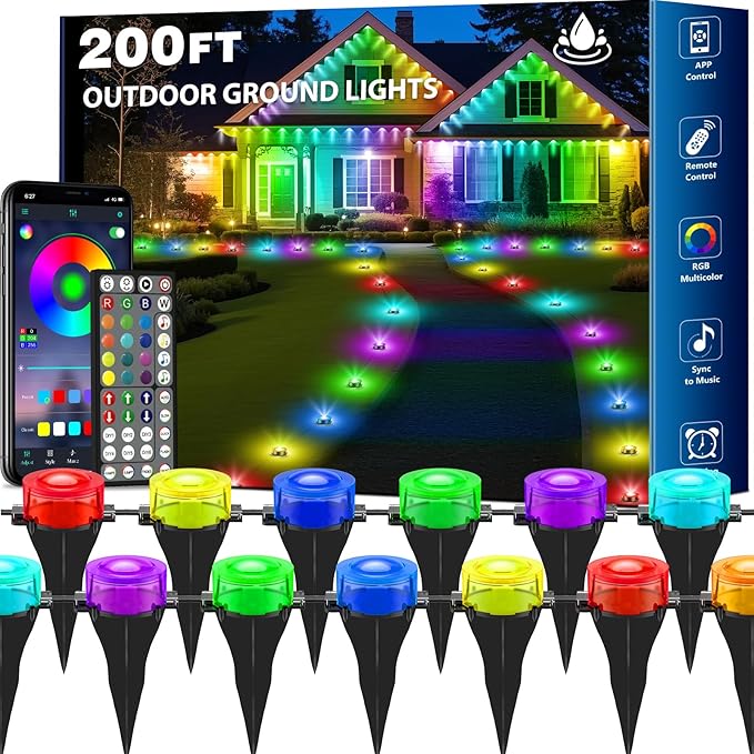 RGB Outdoor Ground Lights, 200Ft Color Changing Pathway Lights with Remote & App Control, Waterproof Walkway Lighting, Wired for Garden Yard Lawn Patio Best for Holiday Party (200FT)