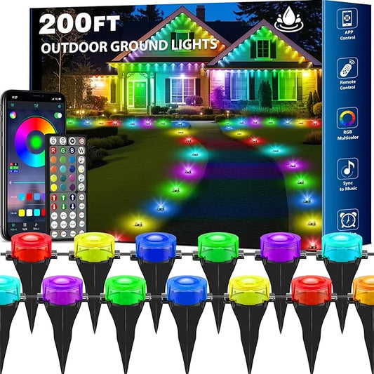 RGB Outdoor Ground Lights, 200Ft Color Changing Pathway Lights with Remote & App Control, Waterproof Walkway Lighting, Wired for Garden Yard Lawn Patio Best for Holiday Party (200FT)