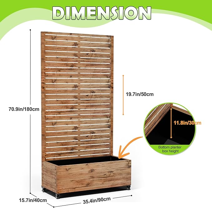 15.7"×70.9"×35.4" Metal Raised Garden Bed with Trellis and Wheels - Tall Trellis Planter Box for Climbing Plants, Vegetables & Vines - Outdoor Privacy Planters for Patio (Natural Wood Grain)