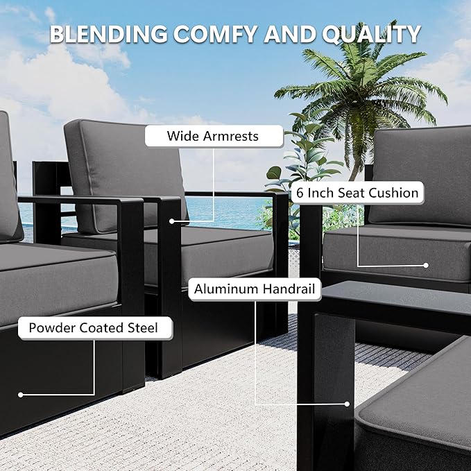 Outdoor Patio Furniture Aluminum Patio Chairs, All-Weather Metal Outdoor Chair with 6 Inch Thick Cushions, Deep Setting for Garden, Outside and Porch