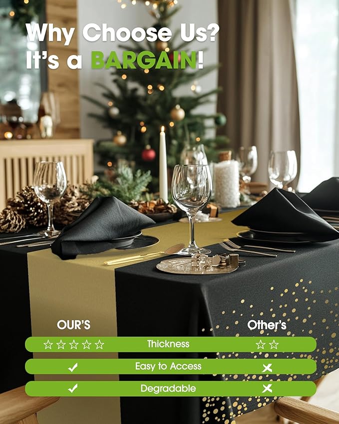 Pureegg Plastic Table Cloth Disposable 8 Pack, 54 x 108 Inch, Table Runner Style, Graduation Decorations 2025, Party Tablecloths, Rectangle, Plastic Cover, Leakproof & Sturdy, Black Gold