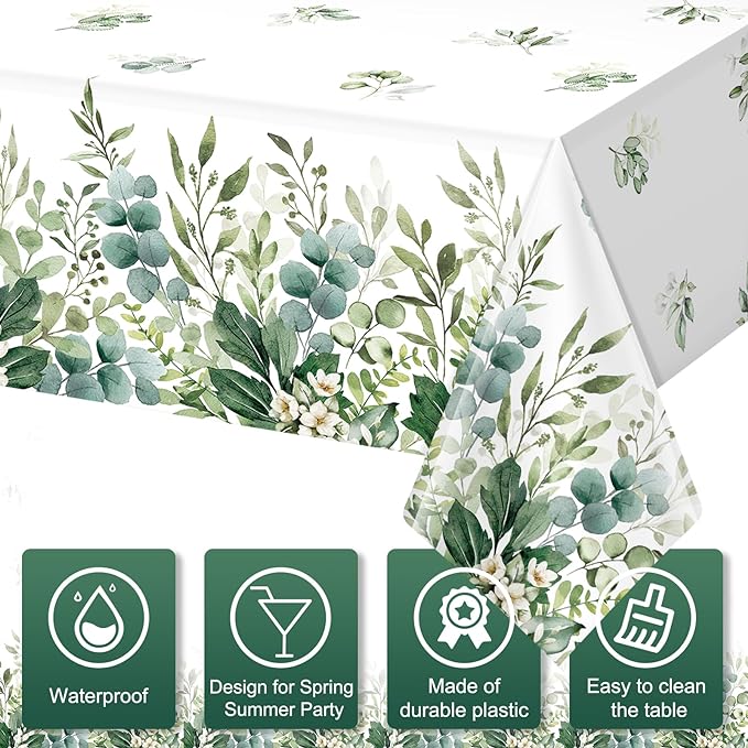 6 Pack Spring Sage Green Baby Shower Plastic Tablecloth, Eucalyptus Leaf Disposable Table Cover, Summer Rectangle Table Cloth for Bridal Baby Shower Birthday Wedding Party Decorations, 54x108 Inch