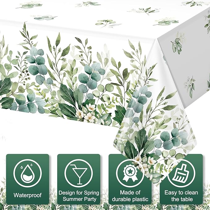 3 Pack Spring Sage Green Baby Shower Plastic Tablecloth, Eucalyptus Leaf Disposable Table Cover, Summer Rectangle Table Cloth for Bridal Baby Shower Birthday Wedding Party Decorations, 54x108 Inch