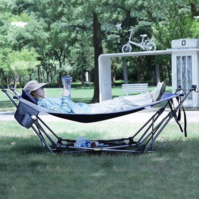 RedSwing Extra-Long Portable Folding Hammock with Stand,Fold Up Hammock with Removable Pillow,Storage Net,Foldable Camping Hammock for Adults for Outdoor,Backyard,Beach,Garden,Lawn