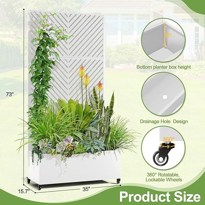 Raised Garden Bed with Trellis and Wheels,73"x35"x16" Metal Raised Garden Bed,White Parallel Metal Planter with Climbing Trellis for Vines & Vegetables