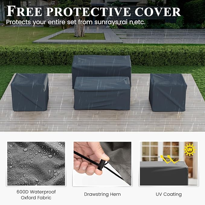 Patio Furniture Set with Fire Pit Table, Aluminum Patio Furniture Set,Grey and Blue Outdoor Metal Sectional Sofa with Aluminum Fire Pit Table for Garden Backyard (Include Waterproof Cover)