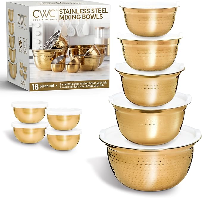 COOK WITH COLOR 18 Piece Mixing Bowls Set with Airtight Lids, Stainless Steel Bowl Organizers, Food Storage Containers, Meal Prep, Nesting Salad Bowls For Cooking, Baking, Kitchen, Gold - Hammered
