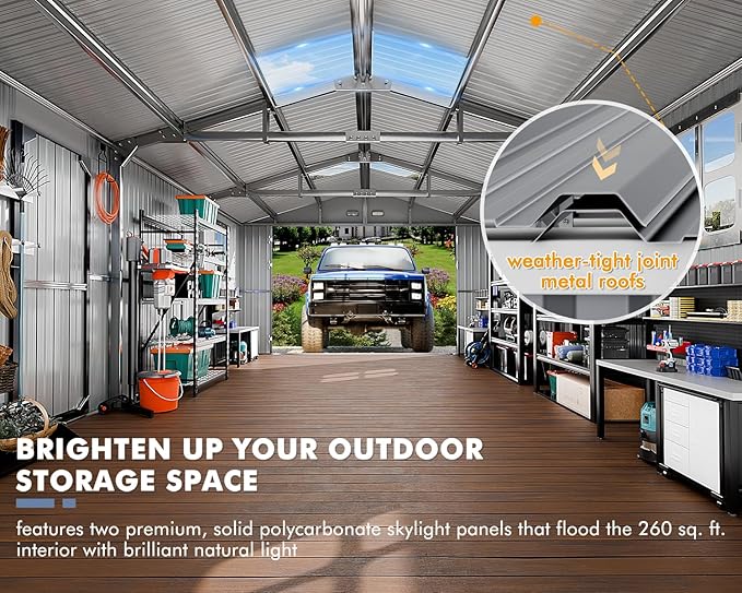Metal Garage Shed 13x20x8.5', Large Outdoor Storage Building, Ultra-Reinforced Truss System, Weatherproof with Skylights & Dual-Entry, Steel Carport and Workshop for Car,Boat,Big Tool Organization