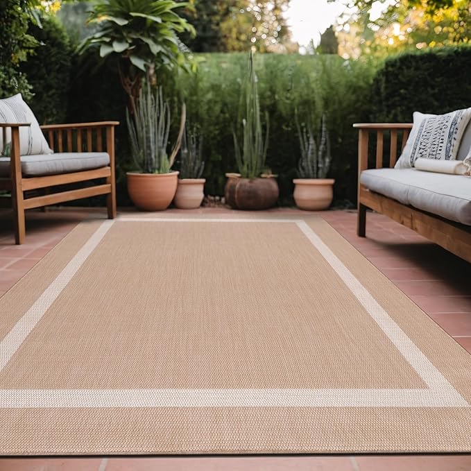 Bordered Outdoor Rug 10x14 Washable Outside Carpet for Indoor Patio Porch Waterproof Easy Cleaning Non Shedding Area Rugs Beige 10 x 14