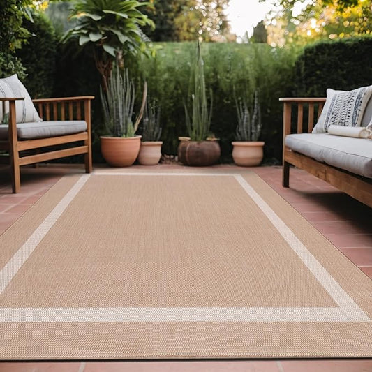 Bordered Outdoor Rug 9x12 Washable Outside Carpet for Indoor Patio Porch Waterproof Easy Cleaning Non Shedding Area Rugs Beige 9 x 12